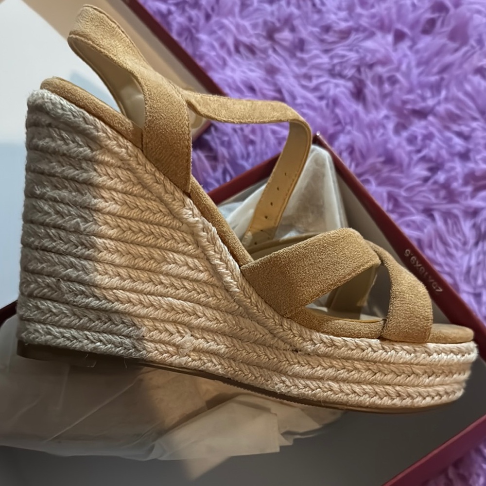 Beige Espadrille Wedge Sandals with Crisscross Straps